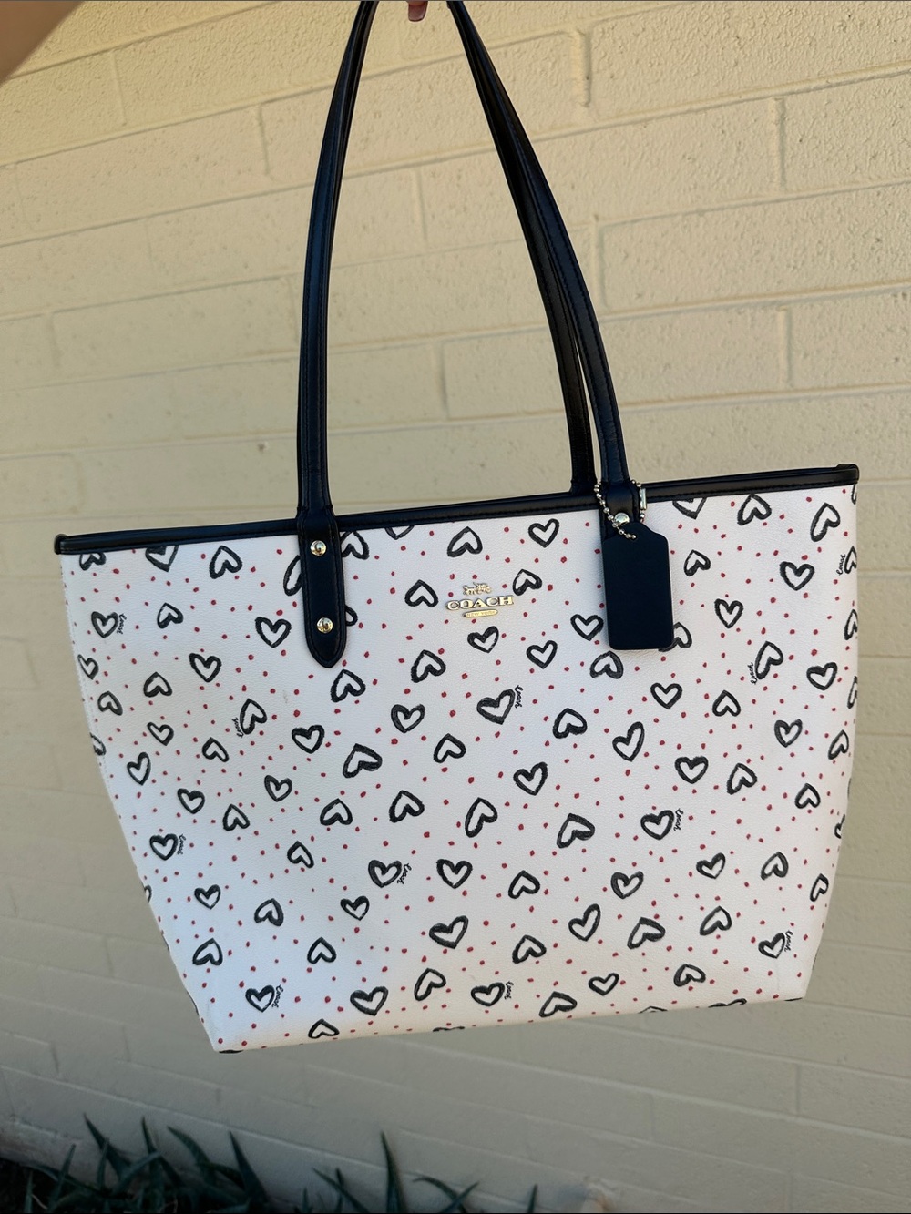 Coach White Heart Print Tote with Black Trim and Red Dot Accents